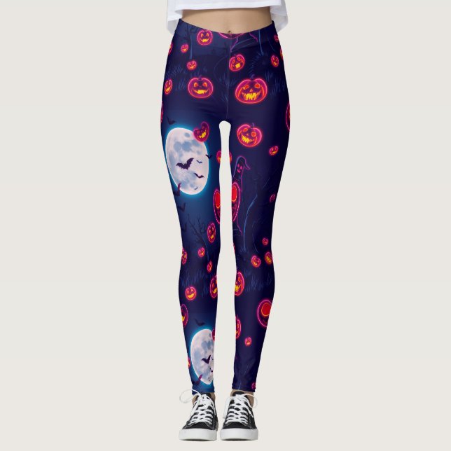 Spooky Neon Jack-o' Lantern Halloween Night Scene Leggings (Vorderseite)