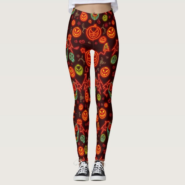 Spooky Neon Jack-o' Lantern Halloween Night Scene Leggings (Vorderseite)