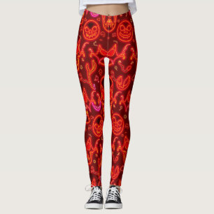 Spooky Neon Jack-o' Lantern Halloween Night Scene Leggings