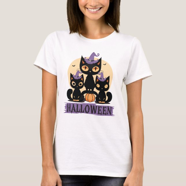 Spooky Niedlich Black Cat Halloween Autumn Pumpkin T-Shirt (Vorderseite)