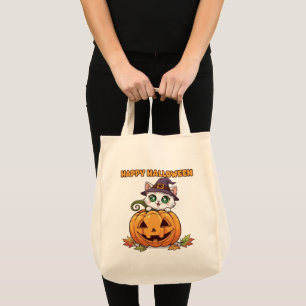 Spooky Niedlich Chibi Cat and Pumpkin Halloween Tragetasche