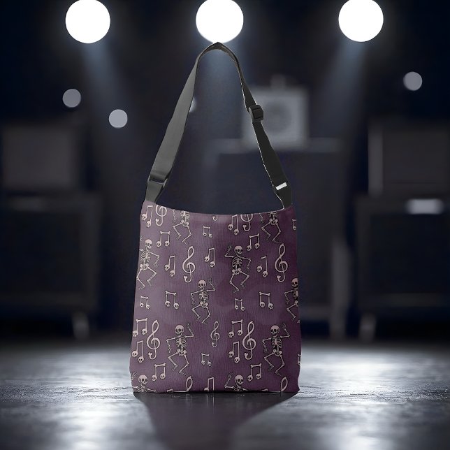 Spooky Niedlich Dancing Skeleton Musiknoten Hallow Tragetaschen Mit Langen Trägern (Dancing skeleton music bag with spooky Halloween style.)