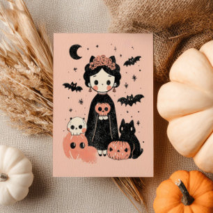 Spooky Niedlich Frida Kahlo Retro Pink Halloween Postkarte