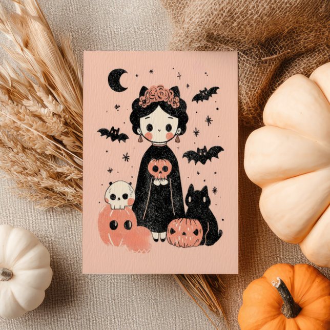 Spooky Niedlich Frida Kahlo Retro Pink Halloween Postkarte (Von Creator hochgeladen)