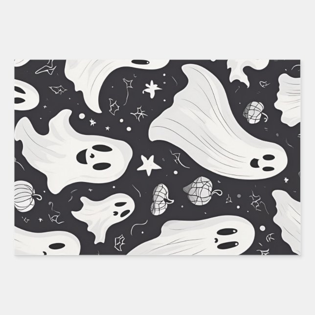Spooky Niedlich Ghost Halloween Schwarz-weiß Geschenkpapier Set (Vorderseite)