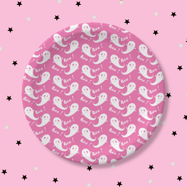 Spooky Niedlich Ghost Pattern rosa Papierplatte Pappteller (Spooky Cute Ghost Pattern Pink Halloween Paper Plate .)