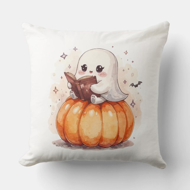 Spooky Niedlich Ghost Reading - Cosy Halloween Pum Kissen (Vorderseite)