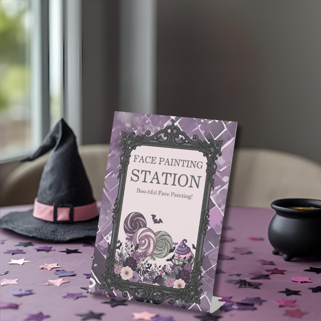 Spooky Niedlich Gothic lila FACE PAINTING STATION Sockelschild (Spooky Cute Gothic purple FACE PAINTING STATION Pedestal Sign)