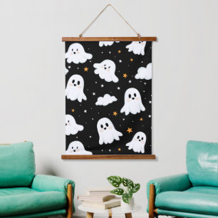 Spooky Niedlich Halloween Ghost Cloudy Star Sky Wandteppich Mit Holzrahmen