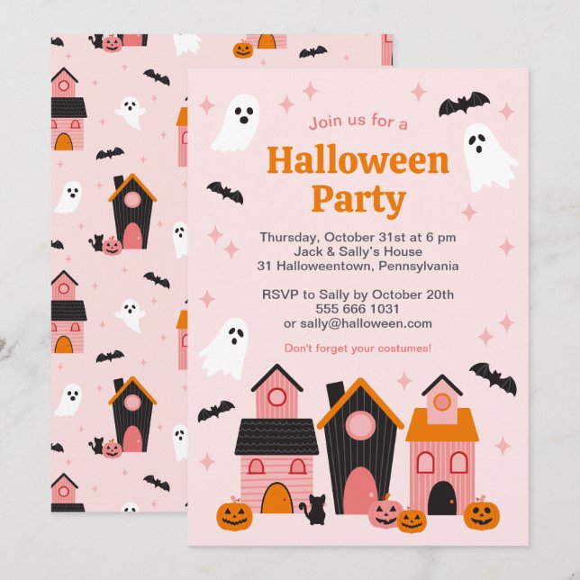Spooky Niedlich Halloween Spuk Häuser Einladung (Vorne/Hinten)