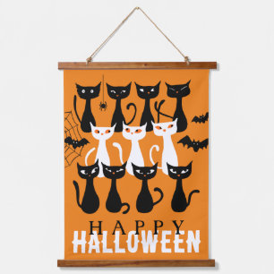 Spooky niedlich Katzenkatze Silhouette Happy Hallo Wandteppich Mit Holzrahmen