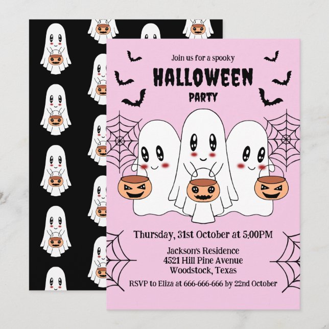 Spooky Niedlich Kawaii Cartoon Ghost Halloween-Par Einladung (Vorne/Hinten)