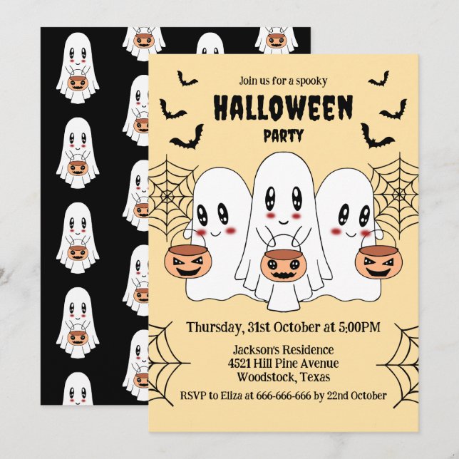 Spooky Niedlich Kawaii Cartoon Ghost Halloween-Par Einladung (Vorne/Hinten)