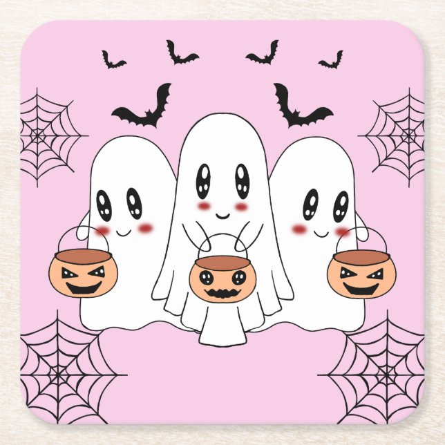 Spooky Niedlich Kawaii Cartoon Ghost Halloween-Par Rechteckiger Pappuntersetzer (Vorderseite)