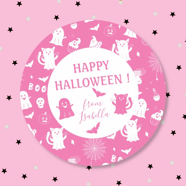 Spooky Niedlich Kid Pink Halloween Aufkleber mit N (Spooky cute round pink Halloween kid sticker to seal favor bags .)