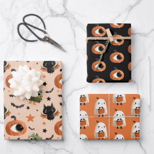 Spooky Niedlich Pumpkin Ghost Bat Pattern Hallowee Geschenkpapier Set