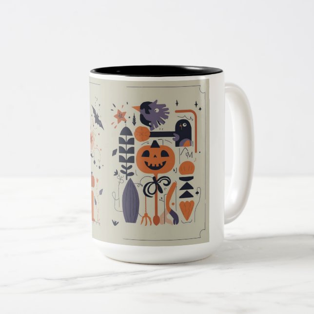 Spooky Niedliche Halloween Pumpkin & Crow Zwei-Ton Zweifarbige Tasse (VorderseiteRechts)