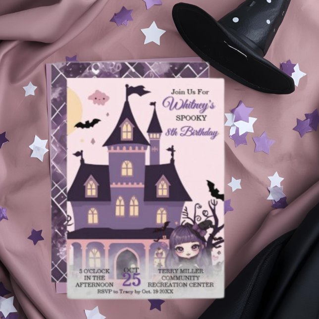 Spooky Niedliche Lila Geburtstagsgotik Mädchen Einladung (Spooky Cute Purple Birthday Gothic Girl Invitation)