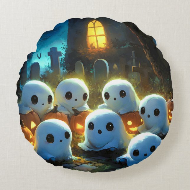 Spooky Night Friedhof Niedlich Halloween Ghost Rundes Kissen (Vorderseite)