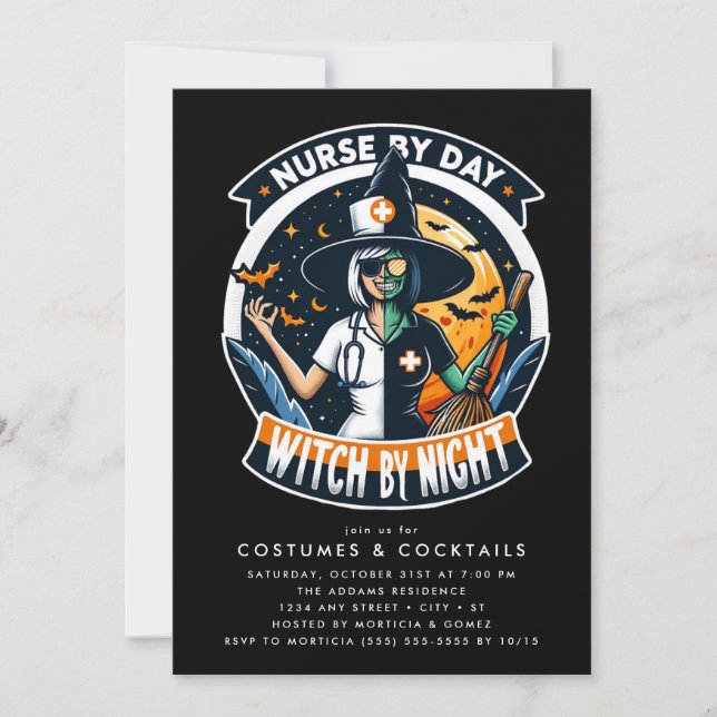 Spooky Nurse by Day Hexe by Night Halloween Einladung (Vorderseite)