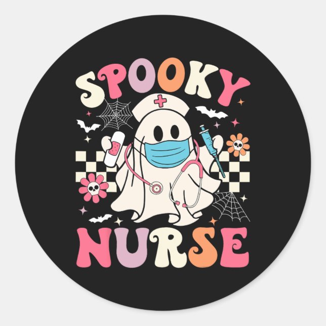 Spooky Nurse Ghost Halloween Niedlich Groovy Nursi Runder Aufkleber (Vorderseite)