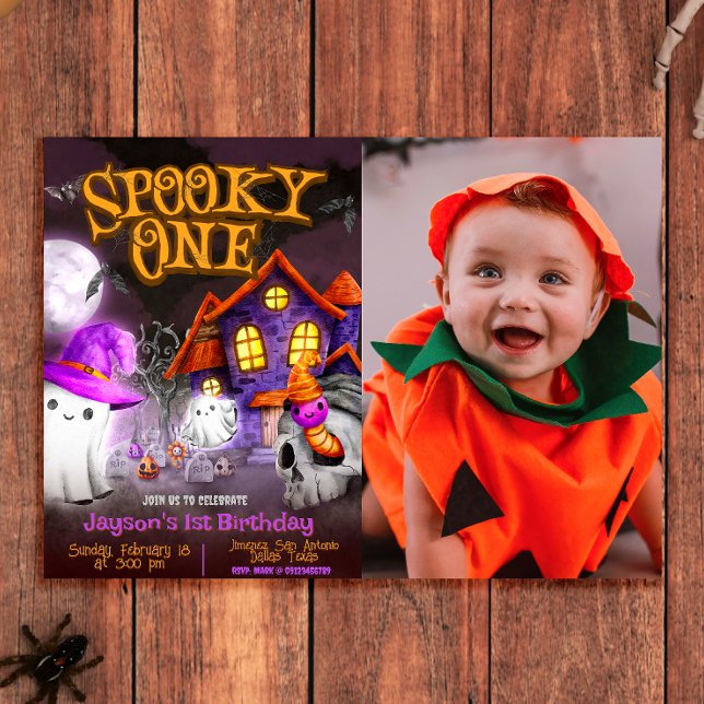 Spooky One - 1. Geburtstag mit Foto Einladung (Spooky One - 1st Birthday Halloween Landscape Invitation with Photo)