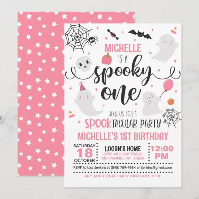 Spooky One Birthday Einladung - Mädchen (Wh/Pink) (Vorne/Hinten)