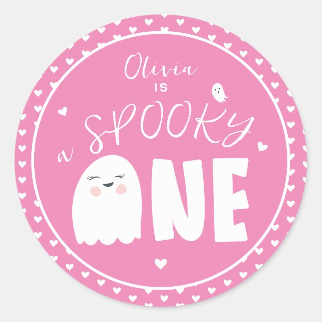 Spooky One Girls Pink Ghost Halloween 1. Geburtsta Runder Aufkleber (Vorderseite)