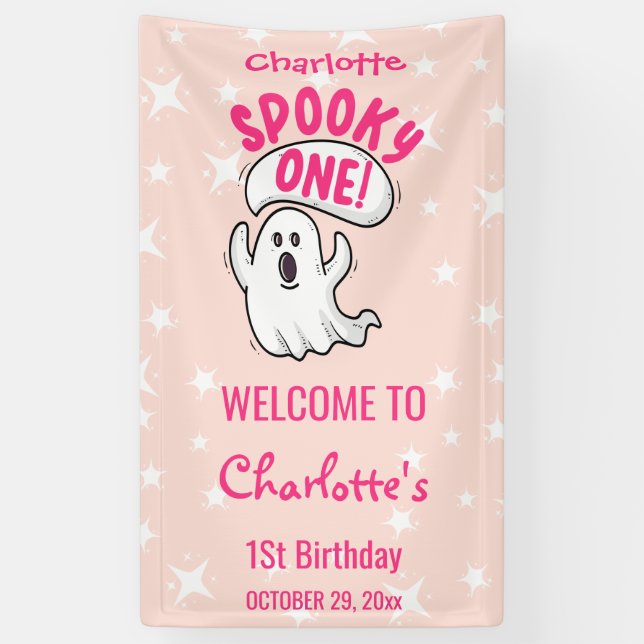 Spooky One Niedlich Pink Halloween Ghost 1. Geburt Banner (Vertikal)