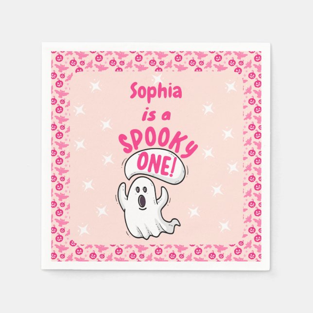 Spooky One Niedlich Pink Halloween Ghost 1. Geburt Serviette (Vorderseite)