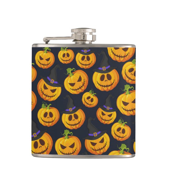 SPOOKY ORANGE HALLOWEEN PUMPKINS & WITCHES HATTEN FLACHMANN (Vorderseite)