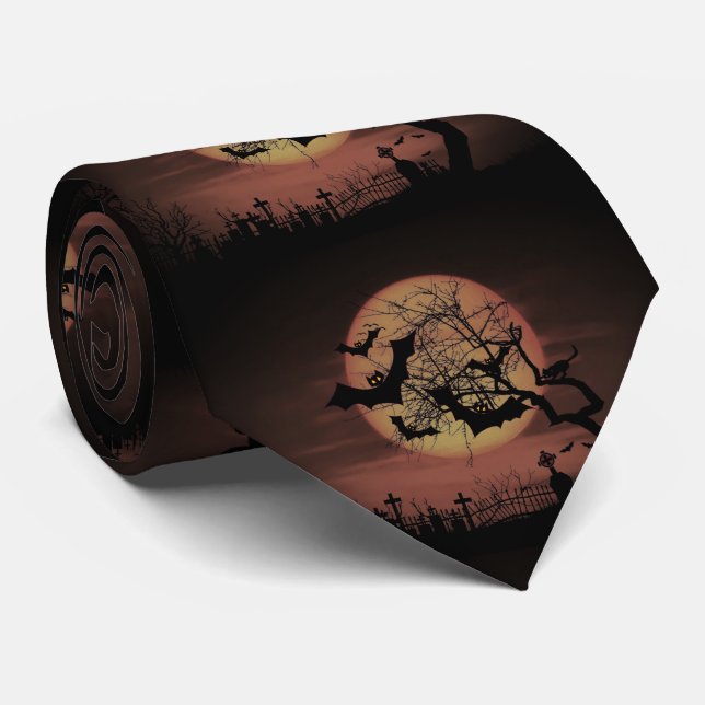 Spooky Orange Harvest Moon Bats und Cemetary Krawatte (Gerollt)