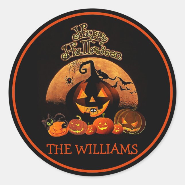 Spooky-orange Kürbis & Fledermäuse Familienname Ha Runder Aufkleber (Vorderseite)
