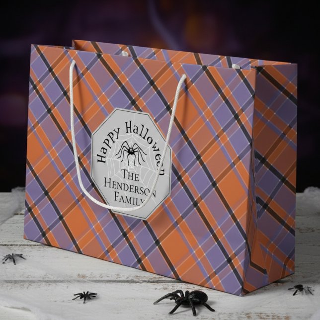 Spooky Orange Lila Black Kariert Spiole Halloween Große Geschenktüte (Spooky Happy Halloween Gift Bags. Cute Orange Black Purple Plaid Pattern with Creepy Spider and Name)