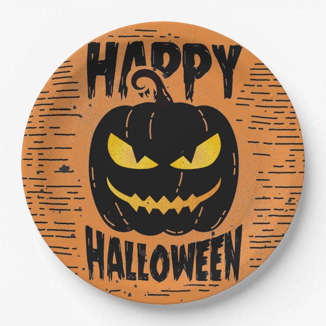Spooky Orange Pumpkin Black Halloween-Party Pappteller (Vorderseite)