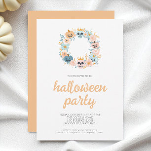Spooky Orange Skull Floral Wreath Halloween-Party Einladung