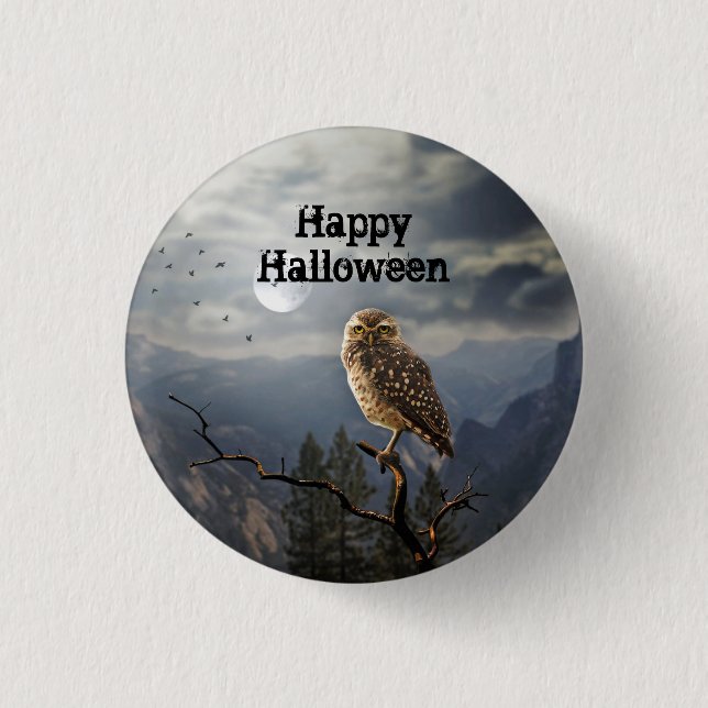 Spooky Owl Moon Graphic Halloween Button (Vorderseite)