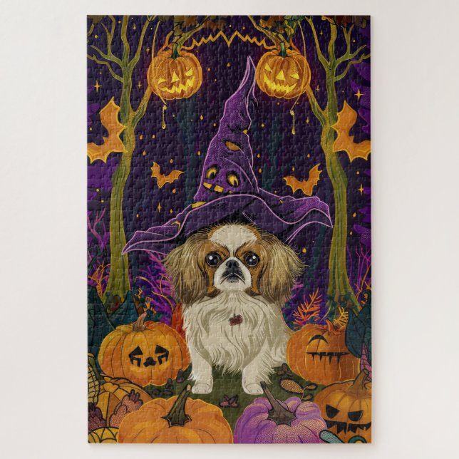 Spooky Pekingese Hund Halloween Hexe und Pumpkin (Vertikal)