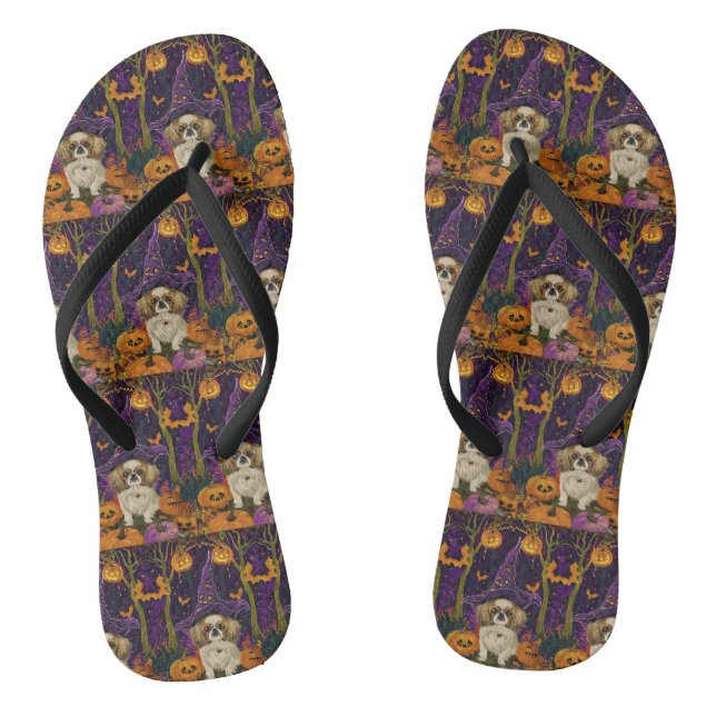 Spooky Pekingese Hund Halloween Hexe und Pumpkin Flip Flops (Fußbett)