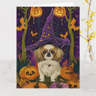 Spooky Pekingese Hund Halloween Hexe und Pumpkin Karte