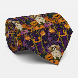 Spooky Pekingese Hund Halloween Hexe und Pumpkin Krawatte