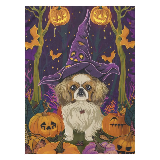 Spooky Pekingese Hund Halloween Hexe und Pumpkin Tischdecke (Vorderseite)
