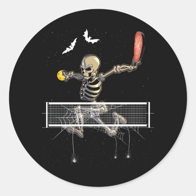 Spooky Pickleball Skeleton Player Fan Halloween Pi Runder Aufkleber (Vorderseite)