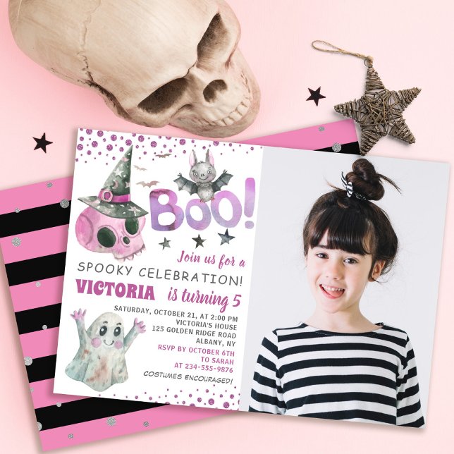 Spooky Pink Skull Girl Halloween Foto Einladung (Von Creator hochgeladen)
