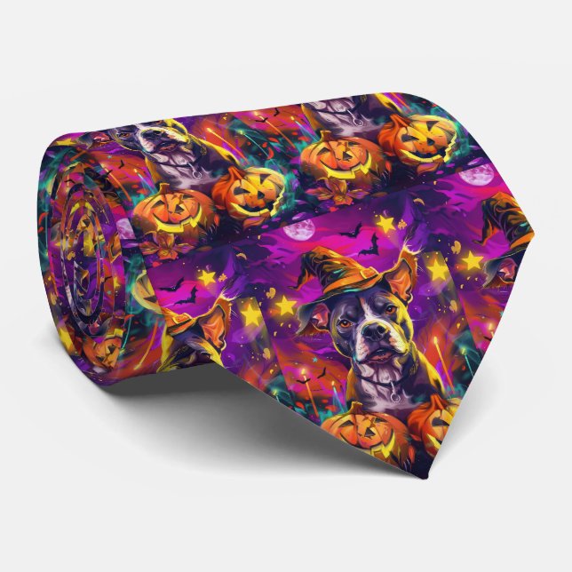 Spooky Pitbull Halloween Hexe und Pumpkin Krawatte (Gerollt)