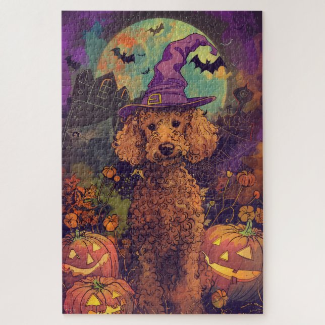 Spooky Poodle Hund Halloween Hexe und Kürbis (Vertikal)