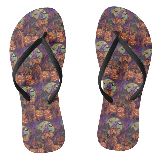 Spooky Poodle Hund Halloween Hexe und Kürbis Flip Flops (Fußbett)