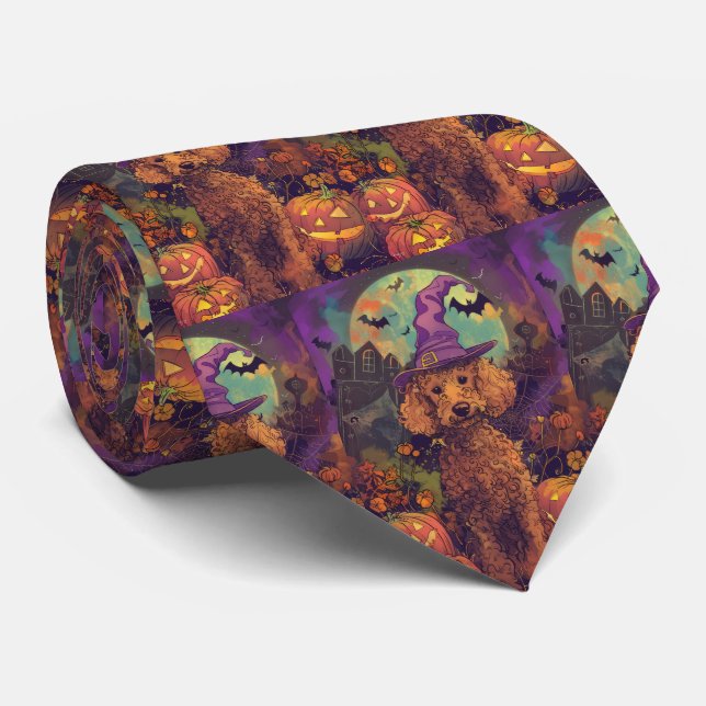 Spooky Poodle Hund Halloween Hexe und Kürbis Krawatte (Gerollt)