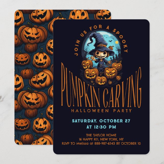 Spooky Pumpkin Carving Halloween-Party Einladung (Vorne/Hinten)