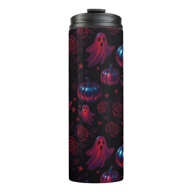 Spooky Pumpkin Ghost Rose Thermal Tumbler Thermosbecher (Vorderseite)